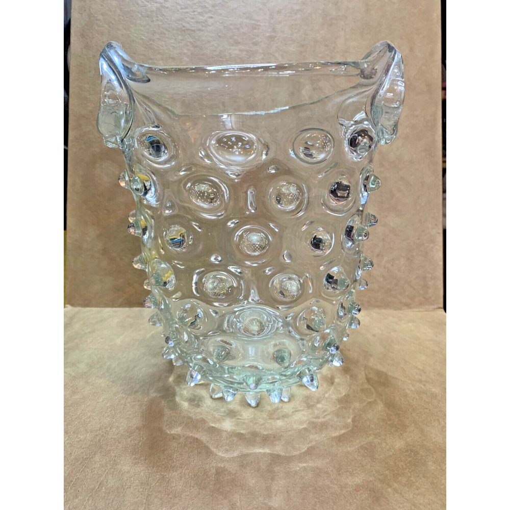 VTG Empoli MCM Bobbi Spikey Hobnail Glass Art Ice Bucket Chiller Vase w/ Handles